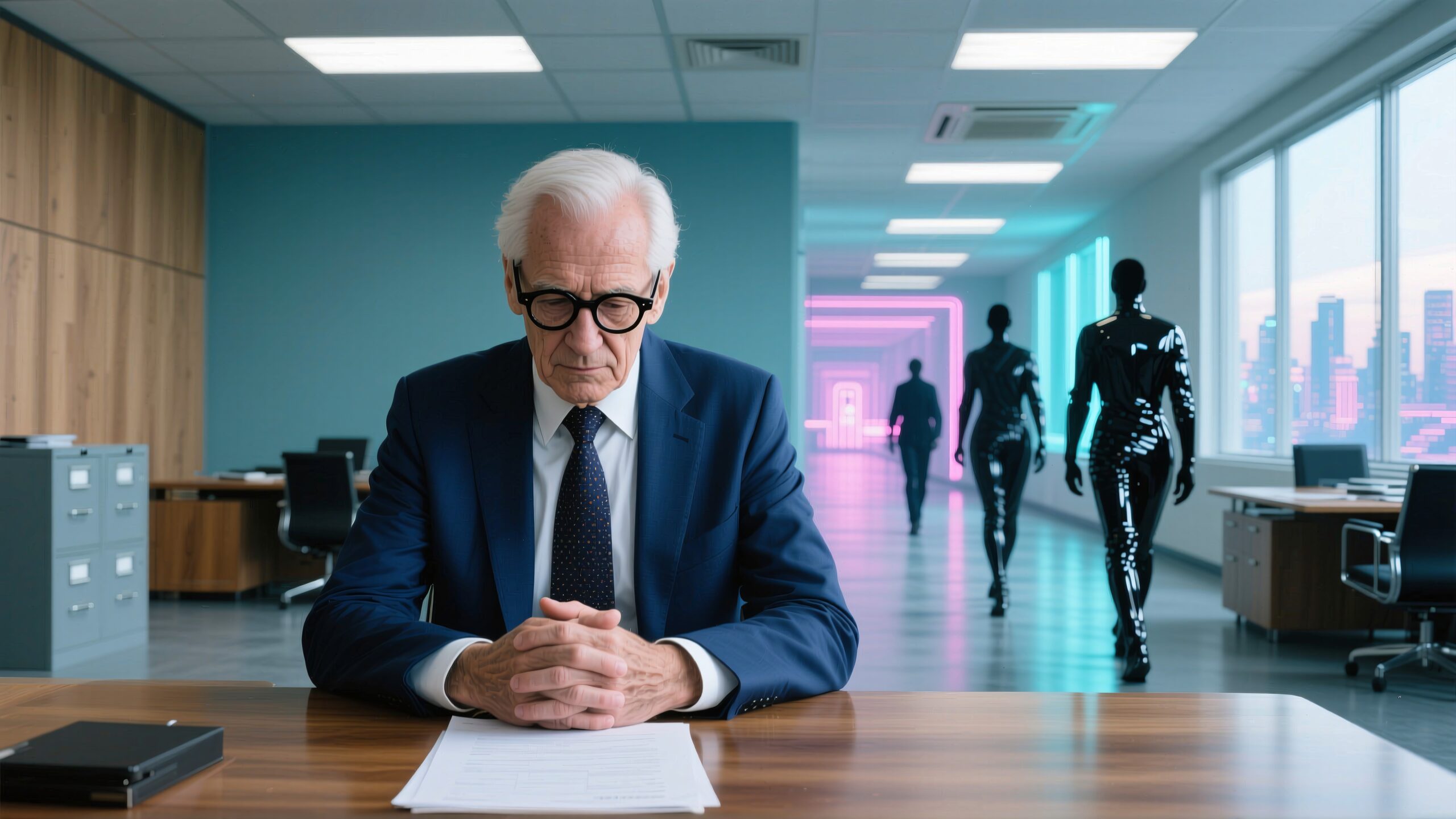 Contemplation in Futuristic Office Hallway