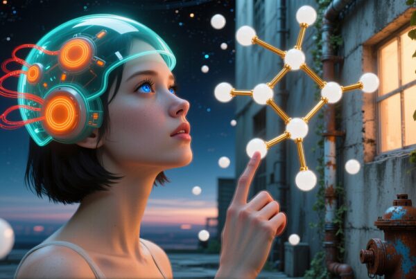 A futuristic woman reaches towards a glowing molecular structure in a starry alleyway.