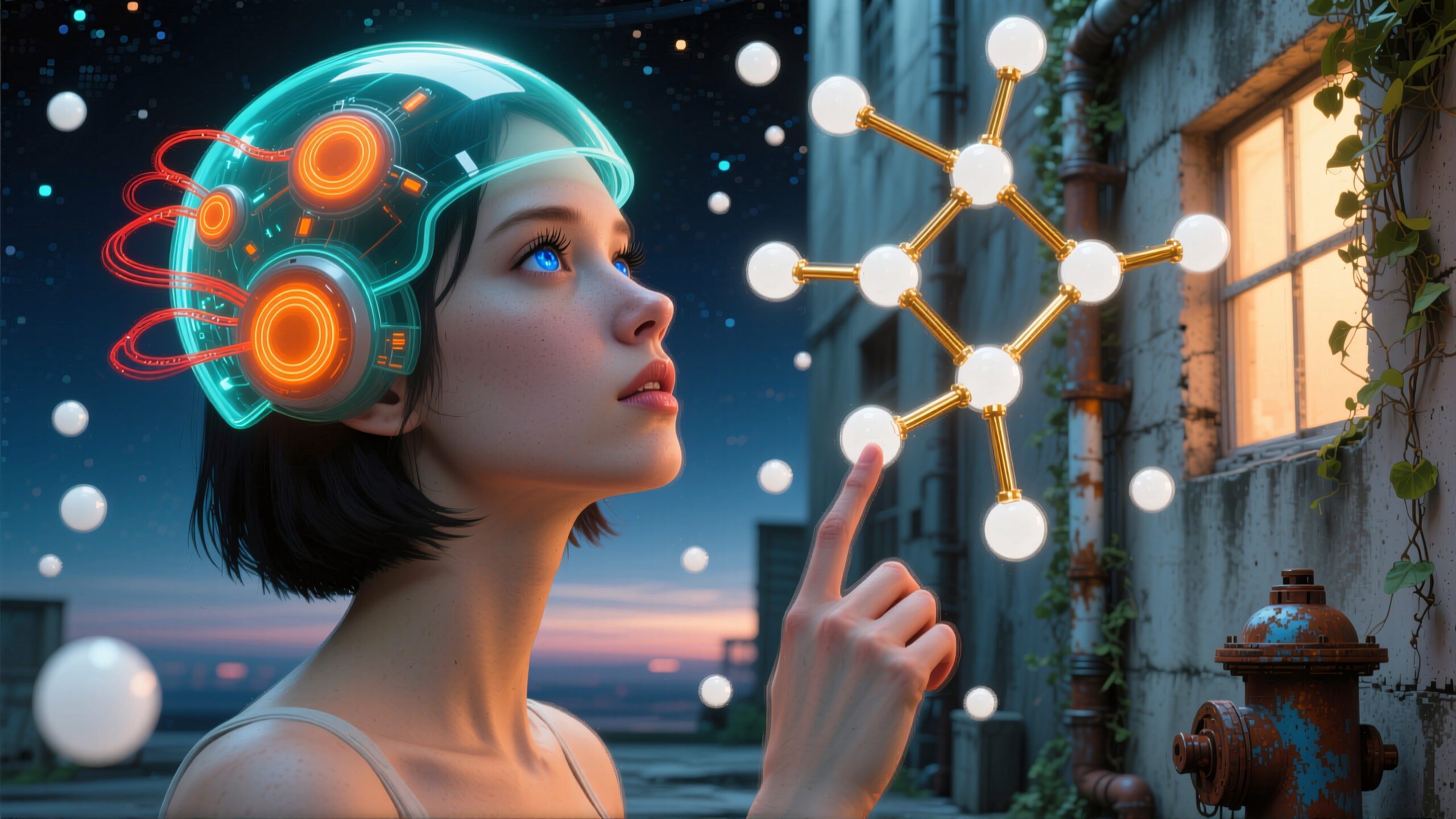 Futuristic Woman and Molecule Encounter