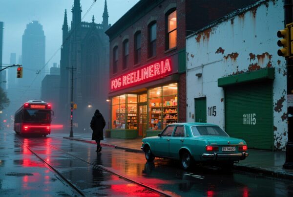 A rainy city street with neon lights reflecting on wet pavement, featuring a vintage car and a foggy urban backdrop.