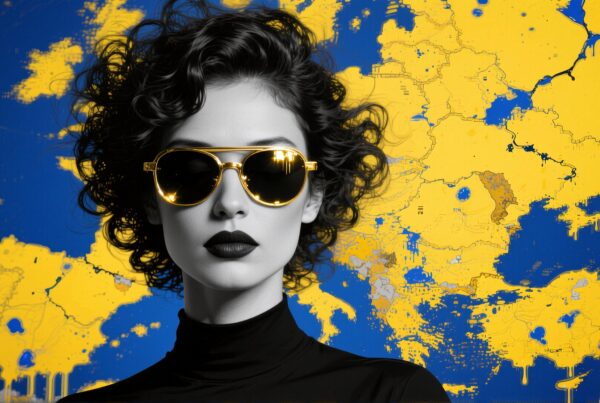 A stylish woman in sunglasses stands against a vibrant yellow and blue abstract background.