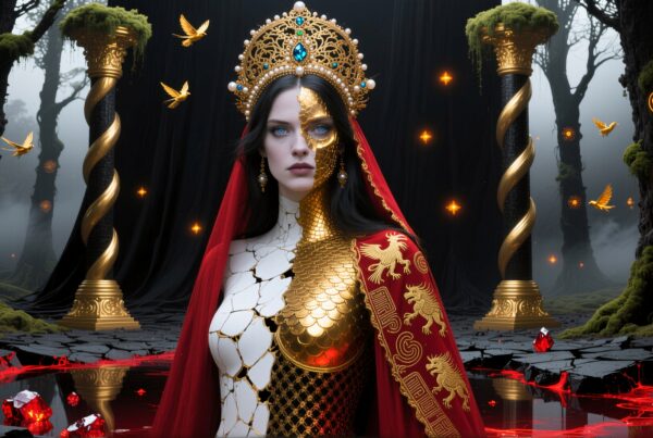 A regal woman with gold scales, crown, and cape in a mystical forest setting.