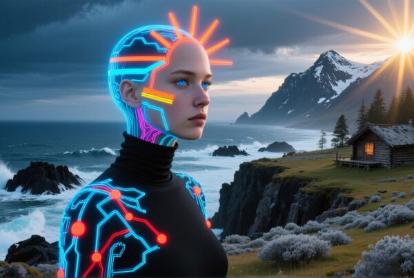 A digital futuristic figure with neon circuitry stands near rugged coastal cliffs amidst dramatic natural scenery, blending technology with nature.