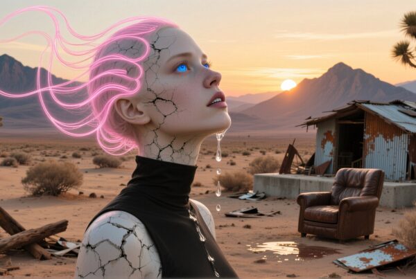 A futuristic humanoid with glowing lines stands in a desolate desert landscape at sunset.
