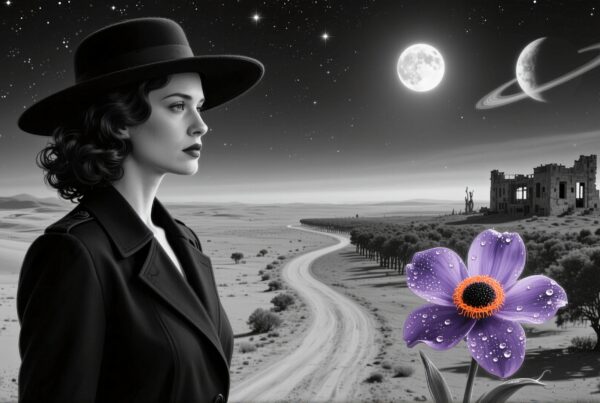 A contemplative woman in a hat stands in a grayscale desert with a vibrant purple flower, under a starry sky with a moon and planet.
