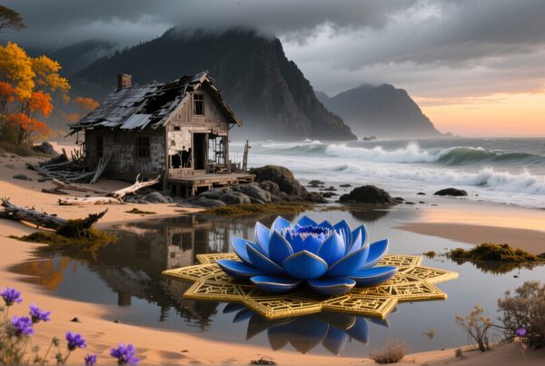 A blue lotus floats beside an abandoned house on a tranquil beach at sunset.