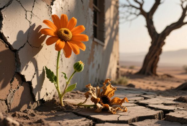 A vibrant orange flower blooms against a cracked wall amid a desolate, dry landscape.