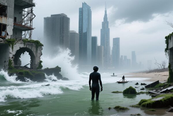 A person stands in water, observing crumbling ruins and skyscrapers.
