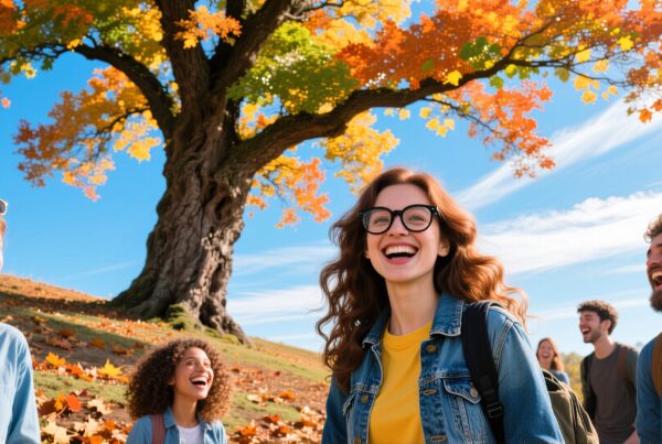 A group of friends enjoying a sunny autumn day beneath a colorful tree, showcasing joy and togetherness.