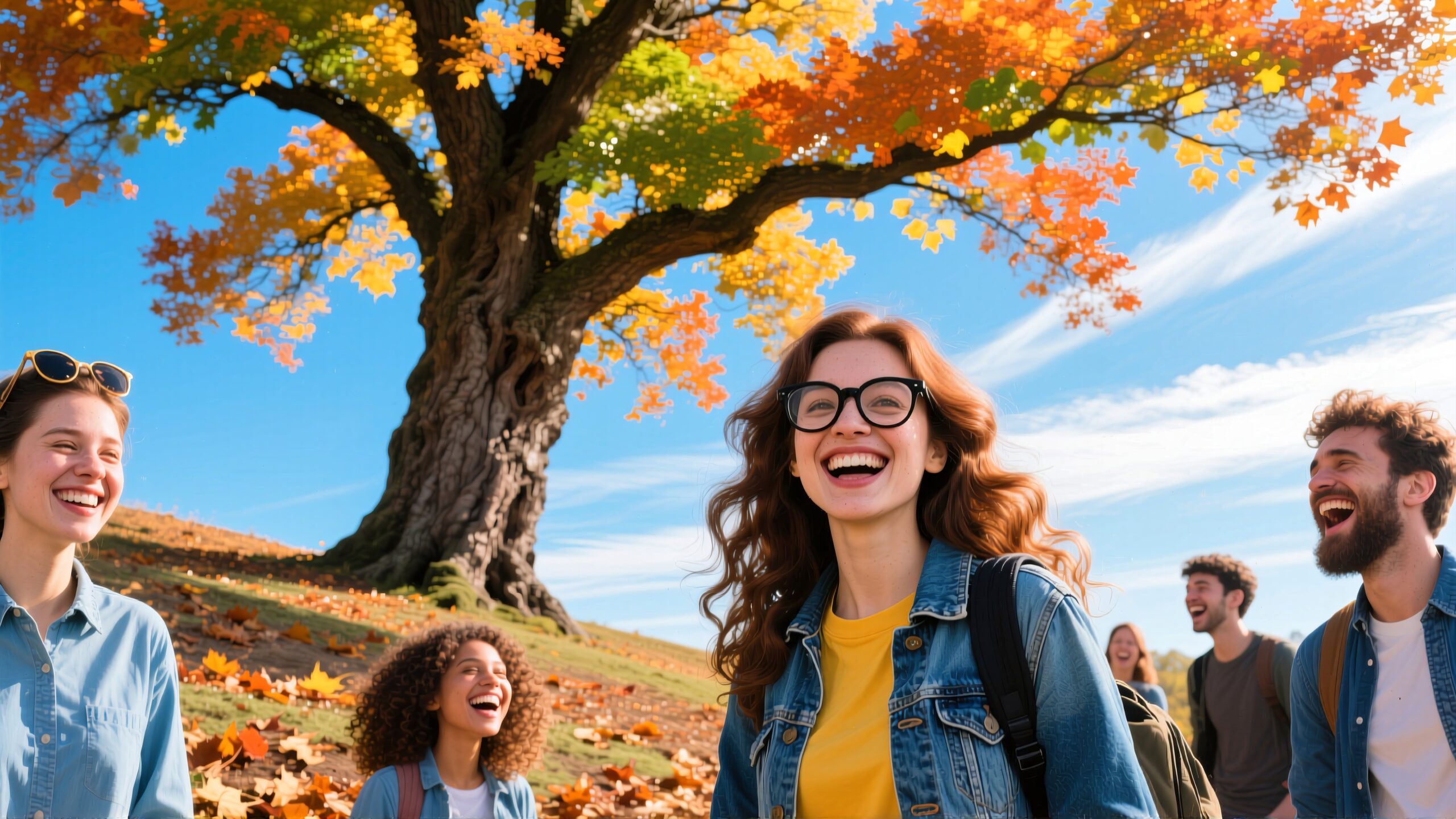 Joyful friends in autumn landscape