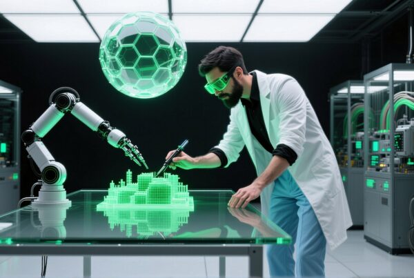 Scientist collaborates with robot on glowing city model in lab.