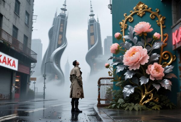 A man in a raincoat gazes up at twisting skyscrapers with pink flower art.