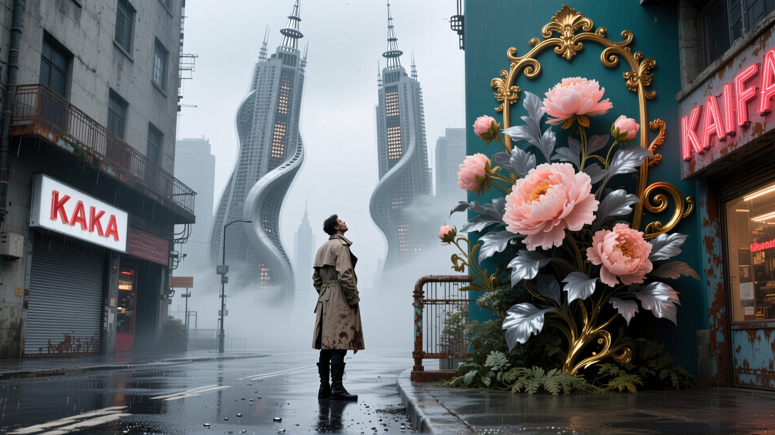 Futuristic Urban Scene with Flowers