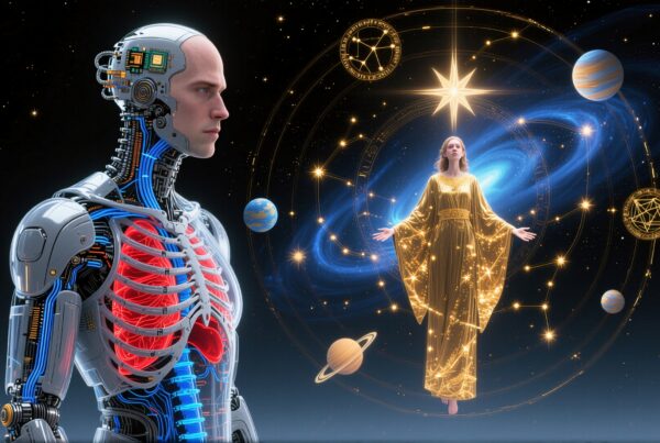 A humanoid robot with visible circuitry stands against a cosmic backdrop featuring a mystical figure in a glowing robe surrounded by celestial symbols.