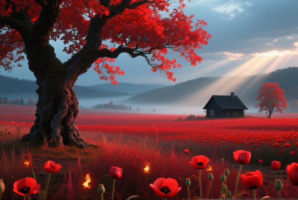 A scenic landscape featuring a large tree with red leaves, a rustic cabin, and a vibrant field of red flowers under a softly lit sky.