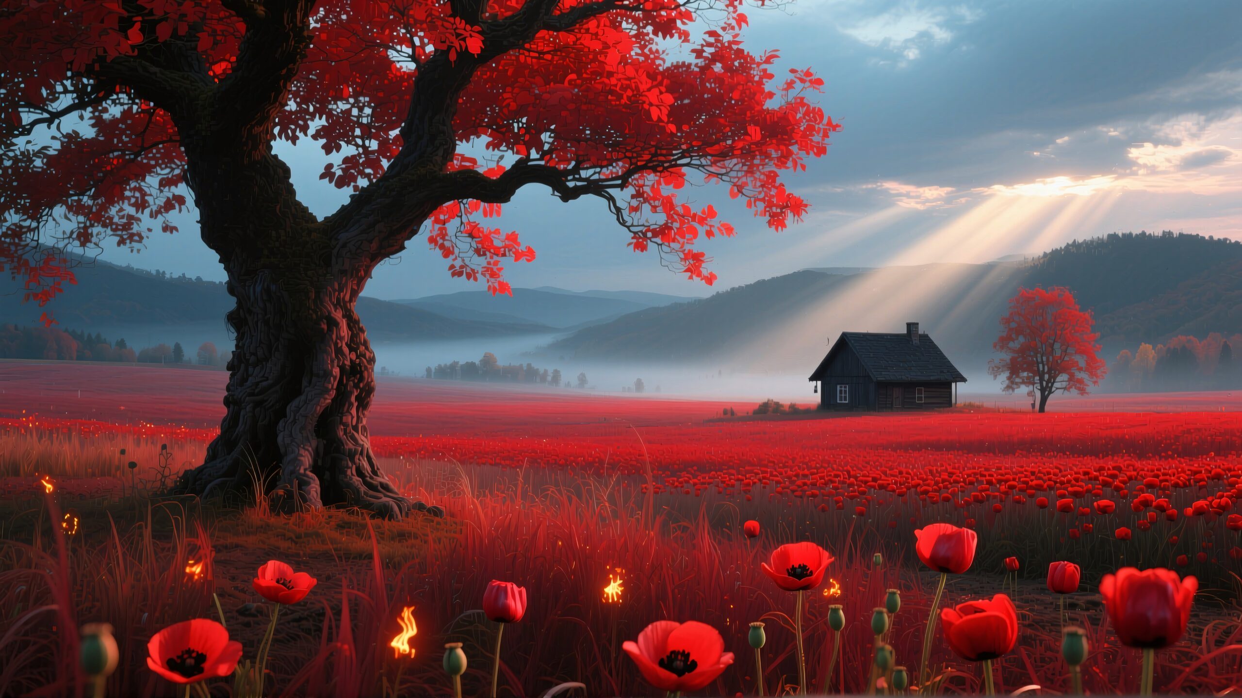 Red Tree in Tranquil Landscape