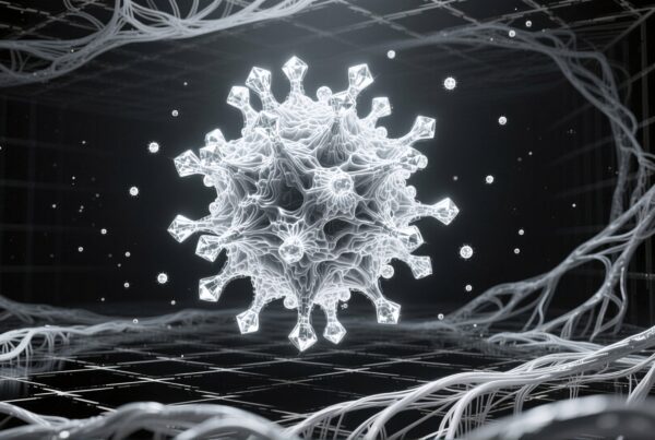 Futuristic molecular structure with spikes in digital grid.