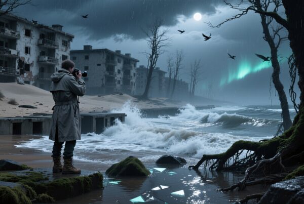 A lone photographer on a rocky shore captures crashing waves under a stormy sky, highlighted by the aurora borealis.