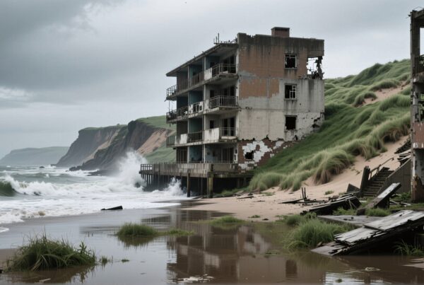 Abandoned seaside buildings against crashing waves.