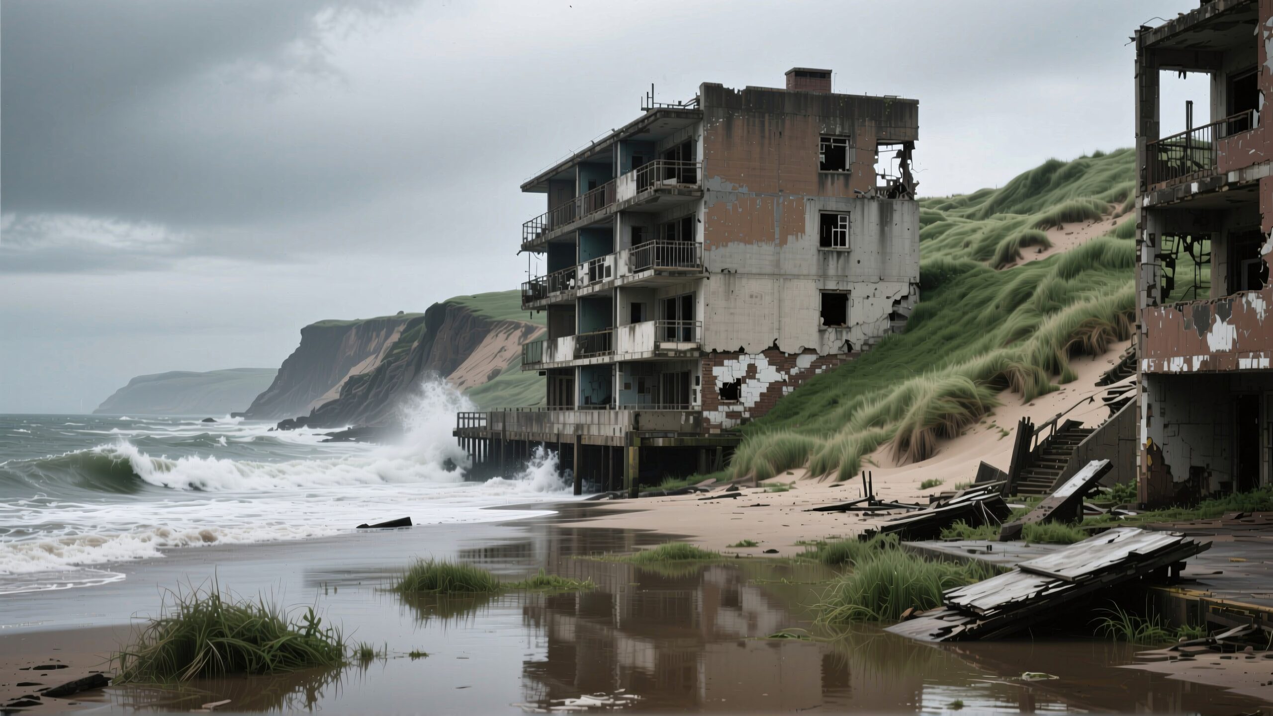 Abandoned Coastline and Decaying Buildings