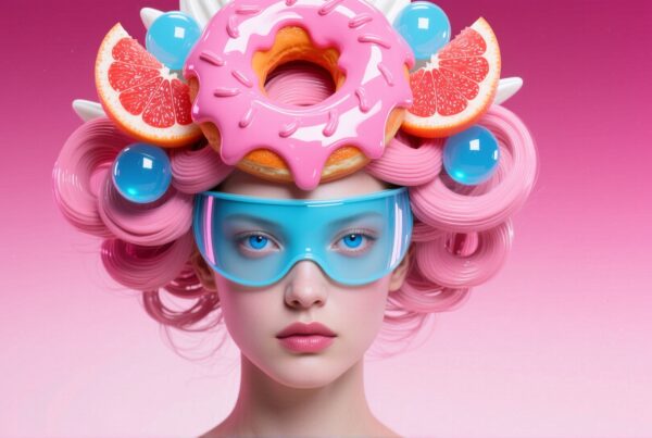A surreal portrait of a woman with pink curls, donut headpiece, and blue goggles.
