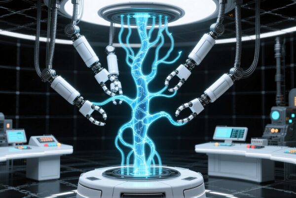 Image of a futuristic laboratory with robotic arms working on a glowing, neon-blue structure, surrounded by high-tech consoles and screens.