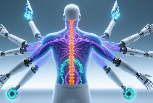 Futuristic humanoid with robotic arms integrated with glowing neural network and crystalline light elements.