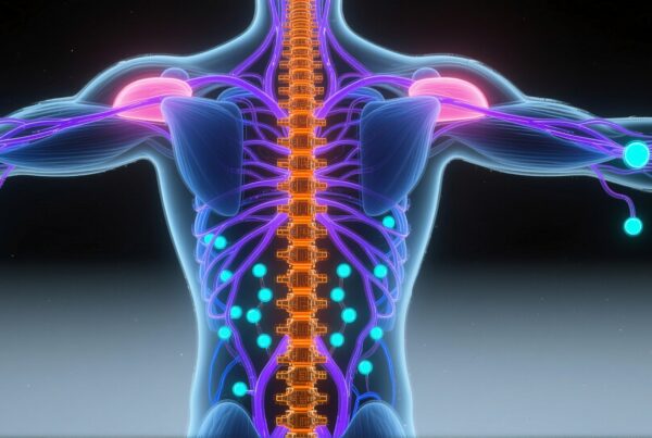 "Illustration showing human nervous system anatomy focusing on spine and nerves."