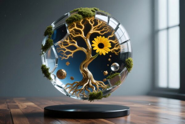 A glowing tree in glass sphere with sunflower and moss.