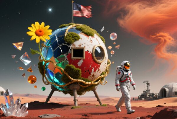 A futuristic Martian scene with an astronaut and colorful spherical habitat against a fiery sky.