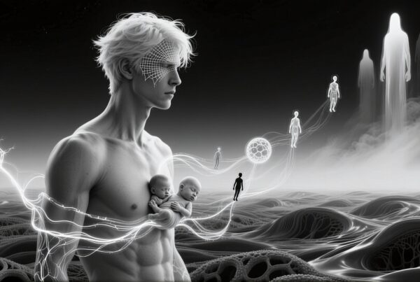 Futuristic man with babies and ghostly figures in surreal landscape.