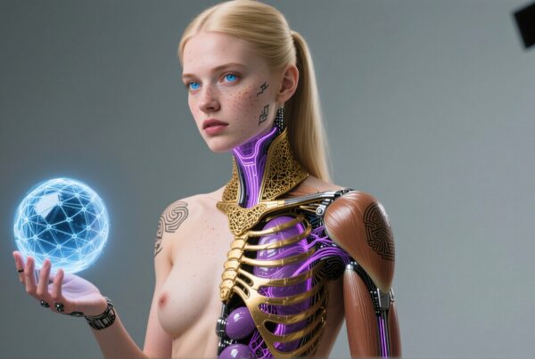 A futuristic cyborg woman holding a glowing blue orb.