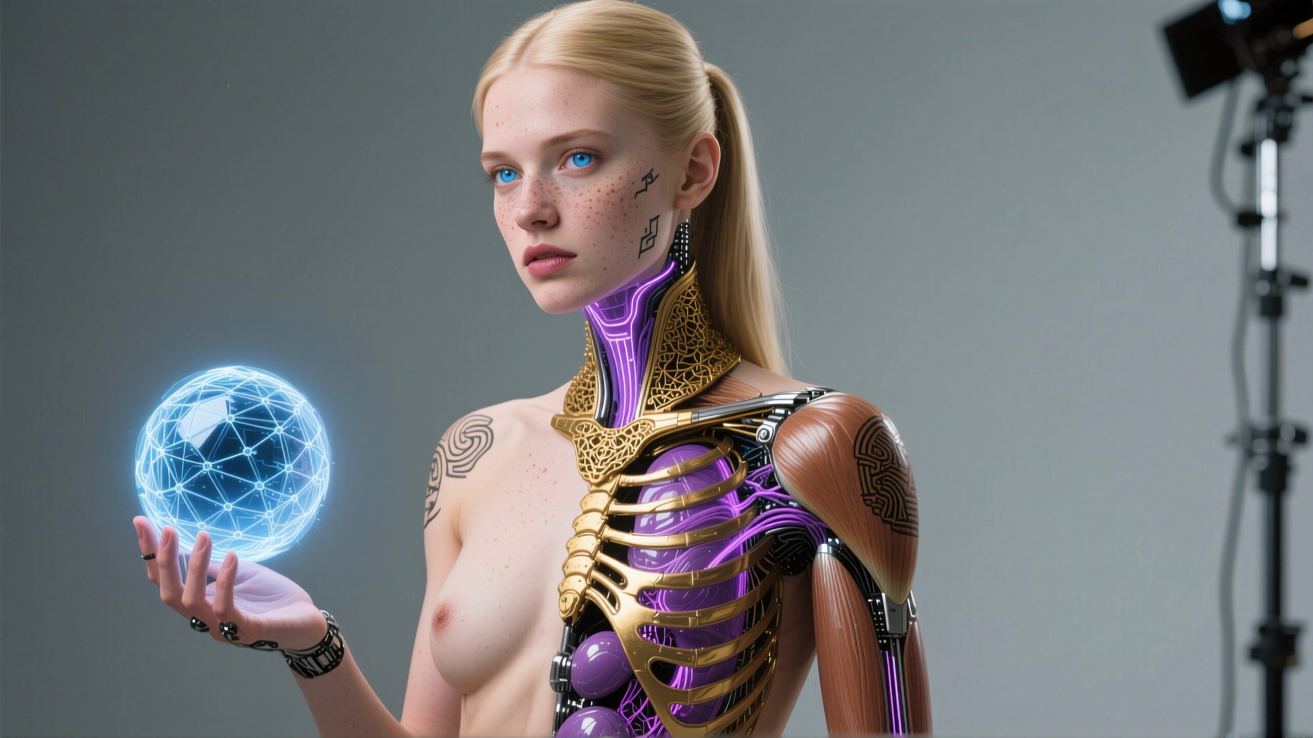 Futuristic Cyborg Holding Glowing Sphere
