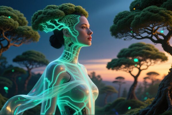 A futuristic depiction of a cyborg woman in a glowing forest setting.