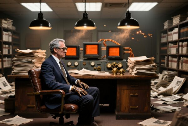 A man in a vintage office surrounded by books and papers works at a retro control panel.