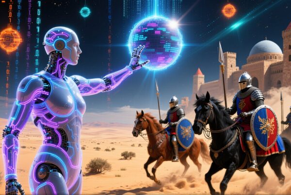 A glowing robot interacts with a holographic sphere as knights ride by a desert castle.