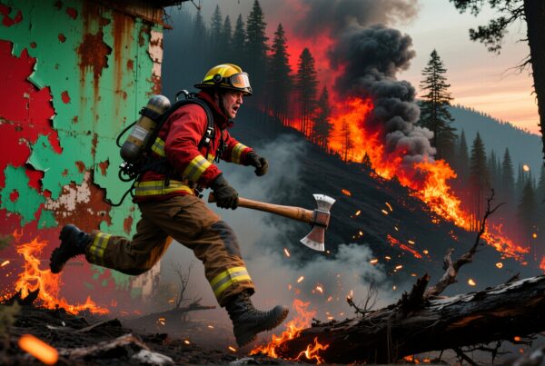 Firefighter battles intense forest wildfire.
