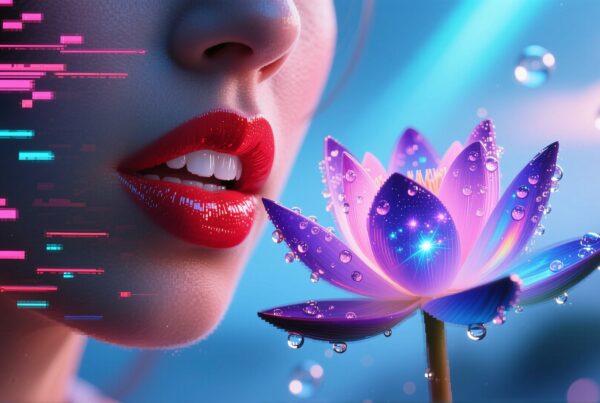 A vibrant composition of red lips and an illuminated lotus flower with droplets, set against a digital and colorful background.