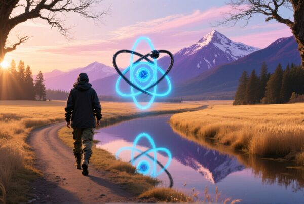 A person walking along a scenic path beside a river with a futuristic glowing atom above, set against a mountain sunset backdrop.