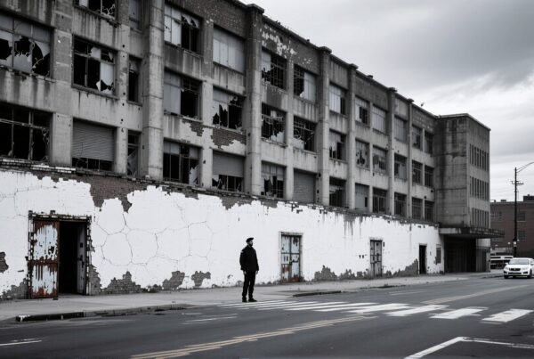 A solitary figure on a deserted street in front of an abandoned, broken-windowed building under an overcast sky.