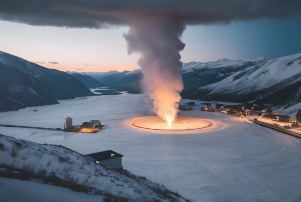 A glowing industrial facility surrounded by snow and mountains under a twilight sky.