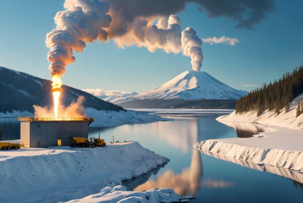 Spectacular rocket launch near snowy volcano reflecting in calm lake.