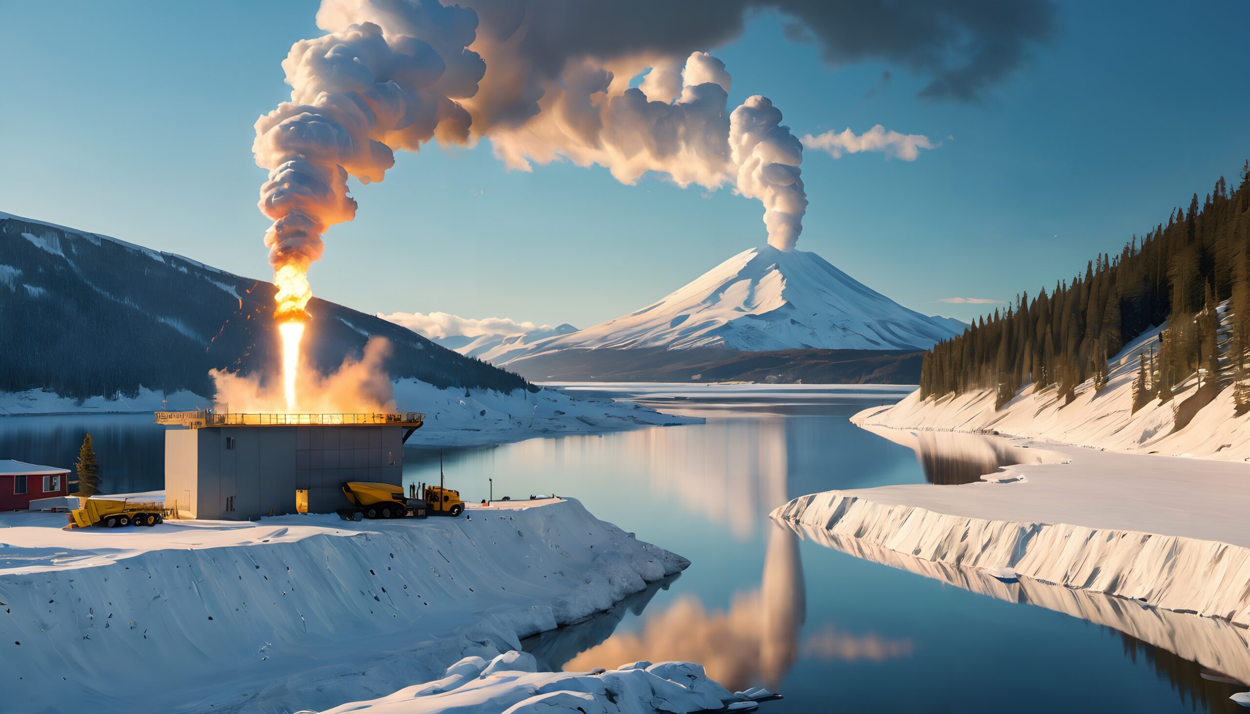 Rocket Launch Near Snowy Volcano