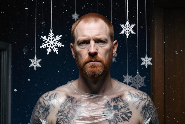 A red-haired person with tattoos stands amid hanging snowflakes in a surreal wintry scene.