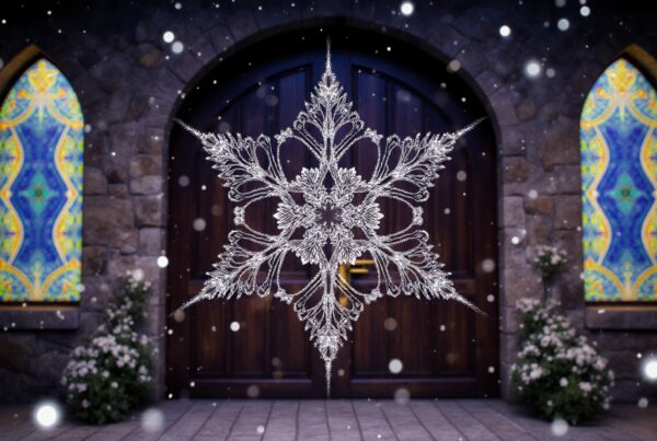 A large, intricate snowflake with colorful stained glass windows decorates a snowy stone entrance.