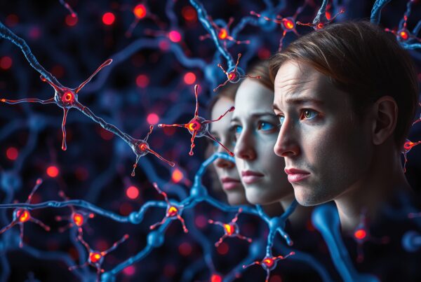 A contemplative person among glowing neurons, illustrating neural networks and human cognition.