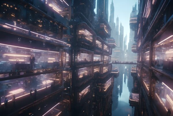 Futuristic cityscape with towering skyscrapers and glowing reflections.