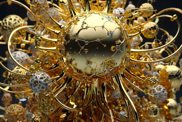 Intricate golden sphere with organic designs and complex geometry.
