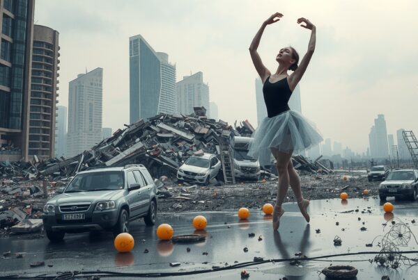 A ballerina performs gracefully amidst urban ruins.