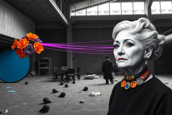 A woman with colorful accessories stands in a stark industrial setting while vibrant flowers and lines create a surreal atmosphere.